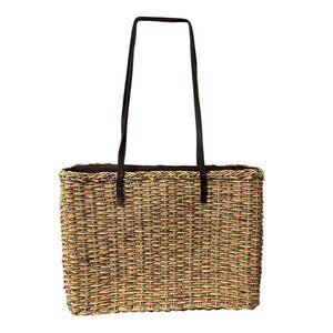 Woven Straw Tote Bag With Long Faux Leather Straps & Zipper Closure By Inge Spor